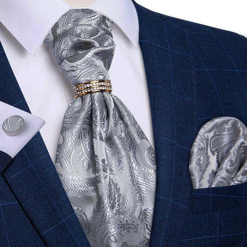 DiBanGu Men's Cravat Tie Grey Paisley Ascot Necktie and Pocket Square Cufflinks Tie Ring Set Wedding - Image 3